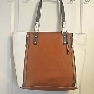 Cesca Large Tote, Tan and White, Top Zip Closure